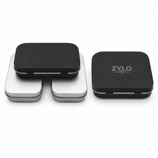 ZYLO pocket pill case, open and closed, dark grey