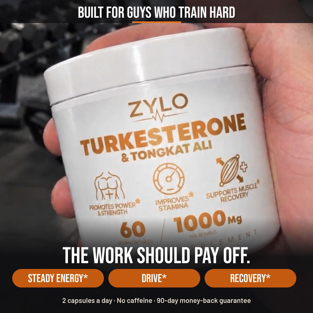 ZYLO bottle held at the gym: built for guys who train hard